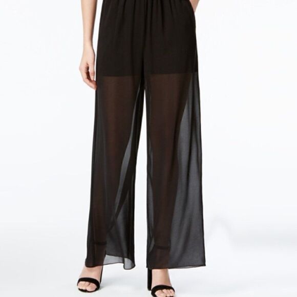 NWT! BCX Dress Black Wide Leg Semi Sheer Jumpsuit with Gold Keyhole Detail L - Picture 2 of 16